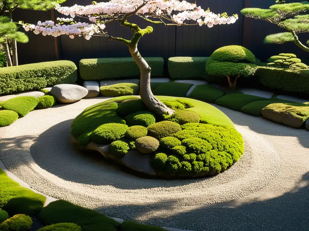 Un jardín de rocas japonés sereno con armonización Feng Shui y equilibrio natural