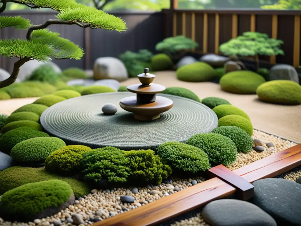 Un jardín de rocas japonés sereno, con grava cuidadosamente rastrillada, piedras cubiertas de musgo y un telón de fondo de exuberante vegetación