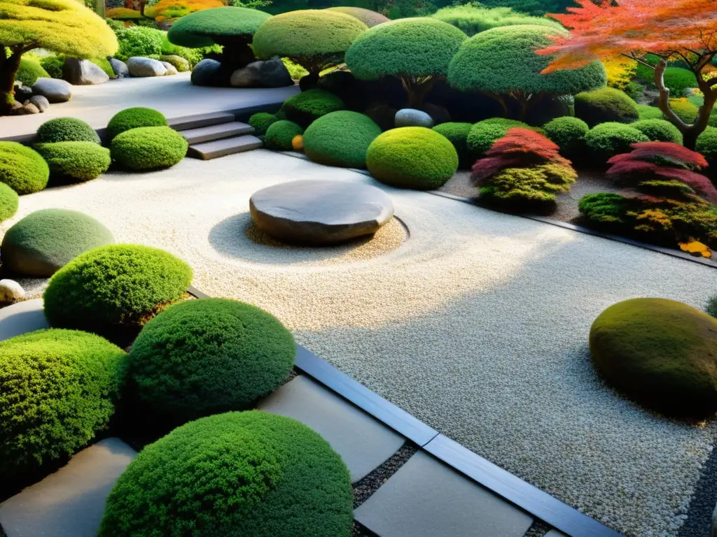 Un jardín de rocas japonés sereno, con grava cuidadosamente rastrillada, rodeado de exuberante vegetación y follaje otoñal vibrante