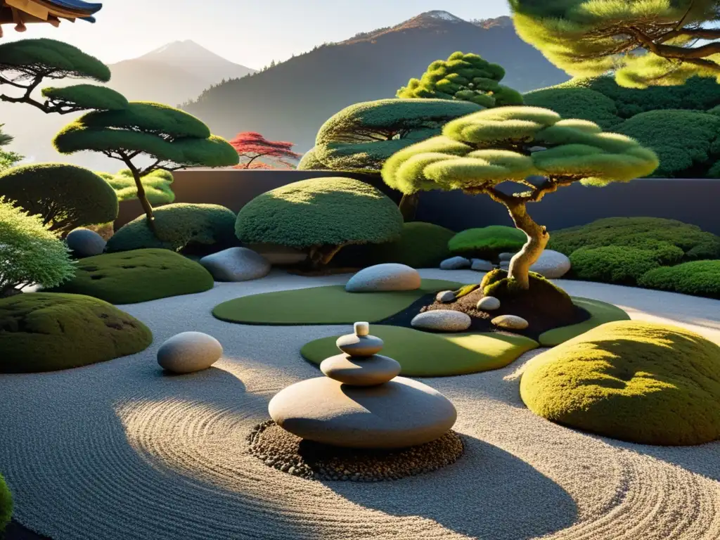 Un jardín de rocas japonés sereno, con líneas cuidadosamente rastrilladas y elementos de Feng Shui