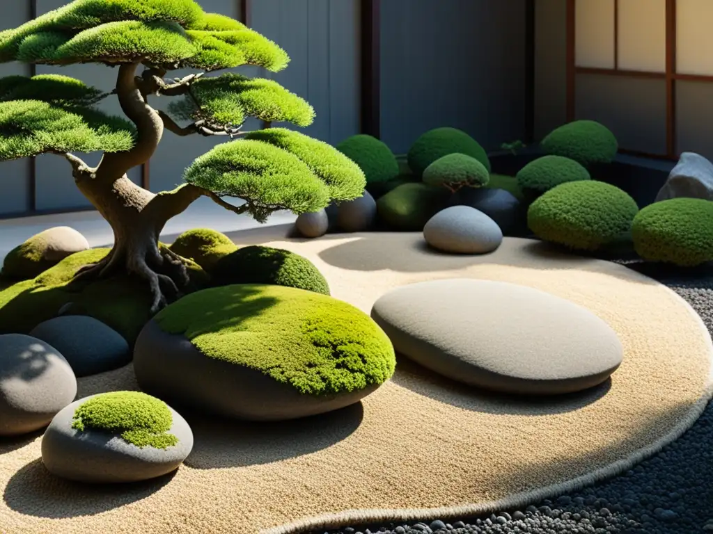 Un jardín de rocas japonés sereno y minimalista con rocas grandes, musgo verde y bonsáis cuidadosamente podados