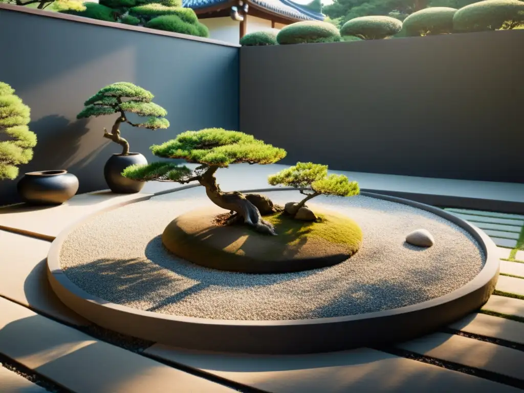 Un jardín de rocas japonés sereno y minimalista con un bonsái, sombras largas y luz de la tarde, ideal para aplicar Feng Shui en el jardín