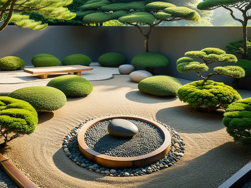 Un jardín de rocas japonés sereno y minimalista, con árboles bonsái y un puente de madera al fondo