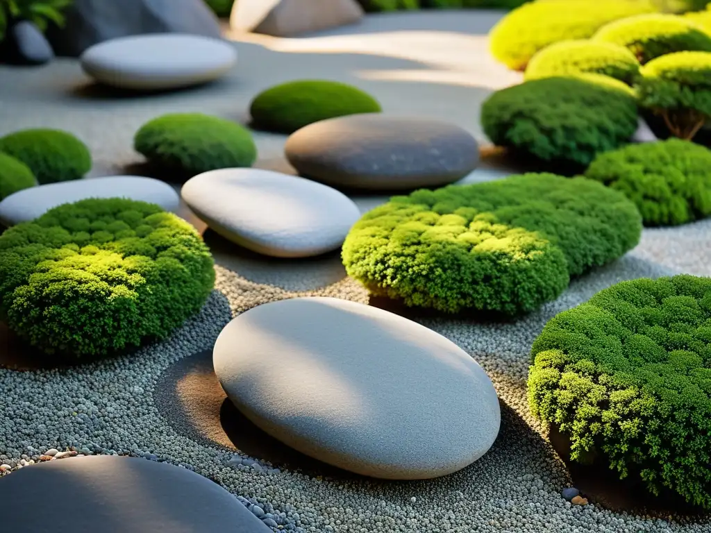 Un jardín de rocas japonés sereno y minimalista, bañado por la cálida luz de la tarde