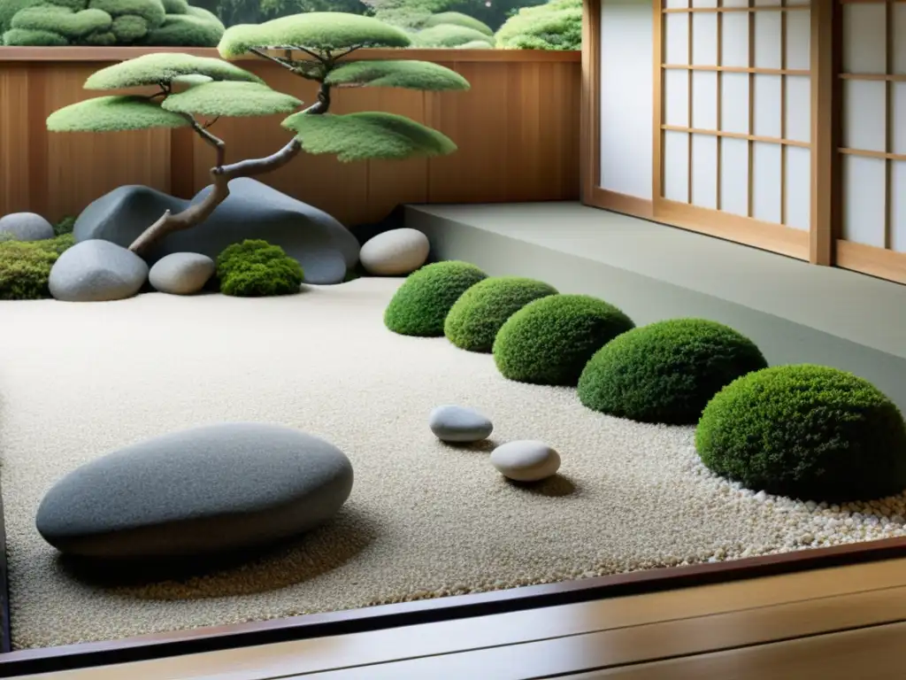 Un jardín de rocas japonés sereno y minimalista, con un diseño armonioso que invita a practicar rituales de Feng Shui para Año Nuevo