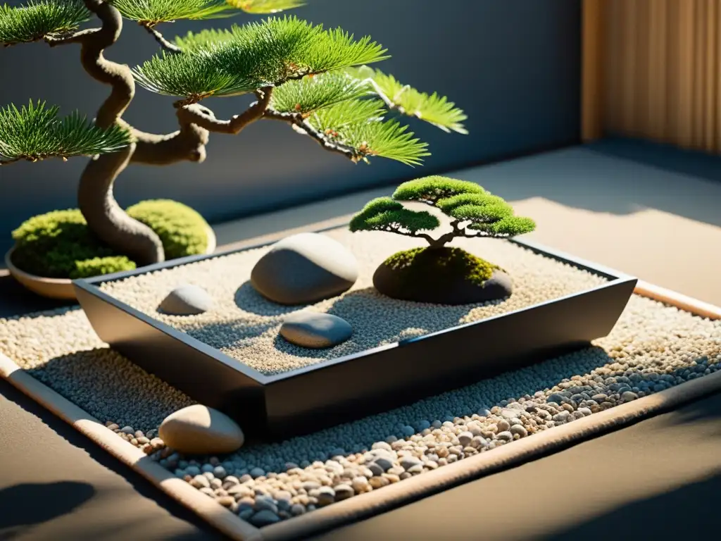 Un jardín de rocas japonés sereno y minimalista con equilibrio emocional con Feng Shui