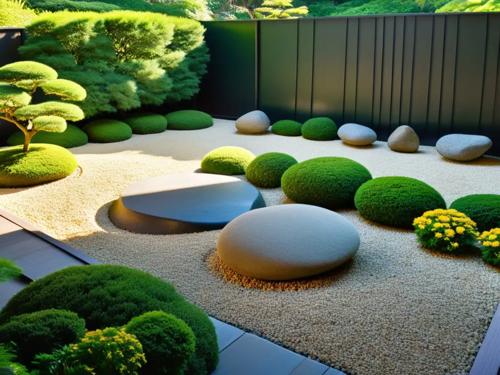 Un jardín de rocas japonés sereno con un paisaje simétrico y armonioso, bañado por la luz de la tarde