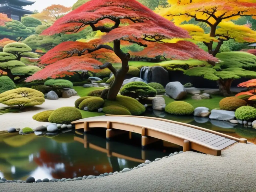 Un jardín de rocas japonés sereno con árboles bonsái y un puente de madera sobre un estanque, bajo un arce rojo vibrante en pleno otoño