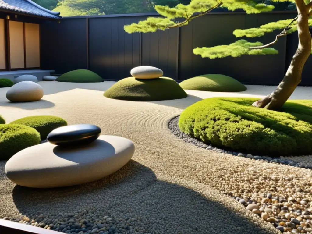 Jardín de rocas japonés con texturas Feng Shui, piedras suaves y gravilla cuidadosamente rastrillada, atrapa la serenidad del diseño