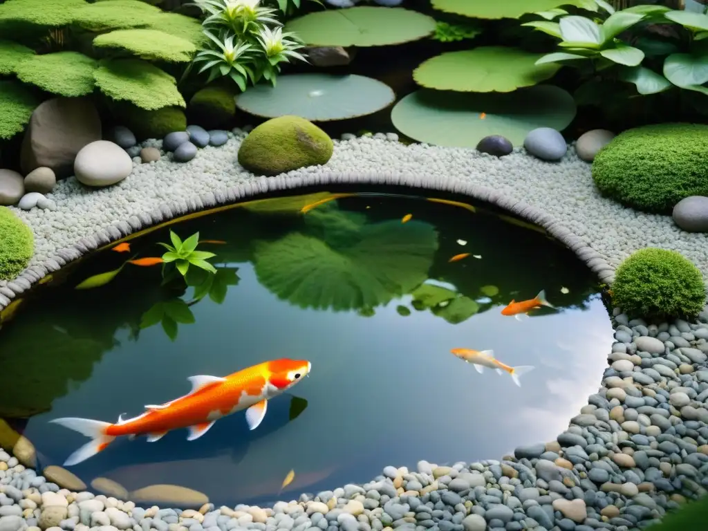 Un jardín de rocas japonés tranquilo con un pequeño estanque sereno que potencia el Feng Shui del agua y la armonía del jardín