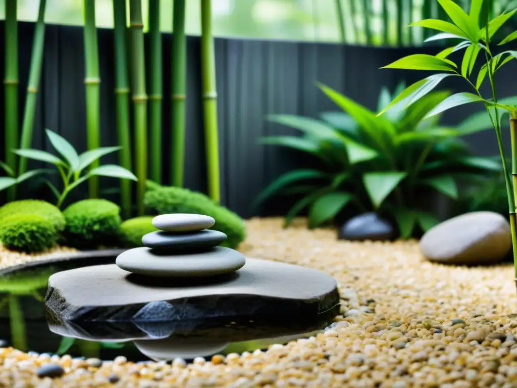 Jardín zen con rocas, puente sobre estanque y bambú, reflejando calma y equilibrio, ideal para las mejores plantas jardín feng shui