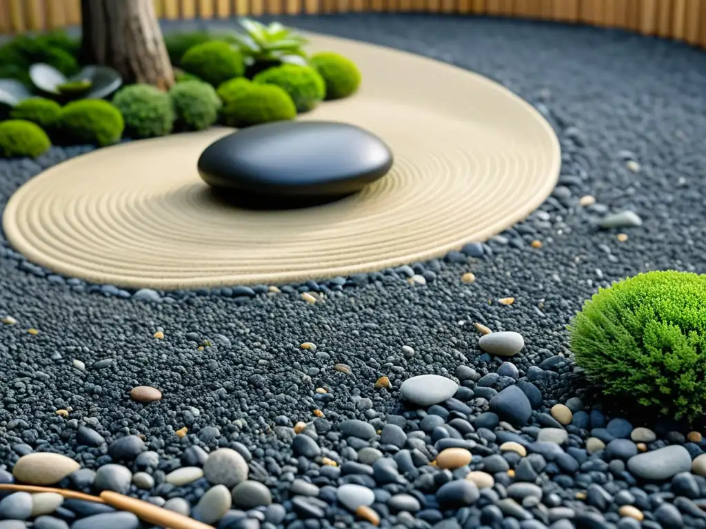 Un jardín zen con rocas cuidadosamente ubicadas, grava rastrillada y plantas simples y elegantes