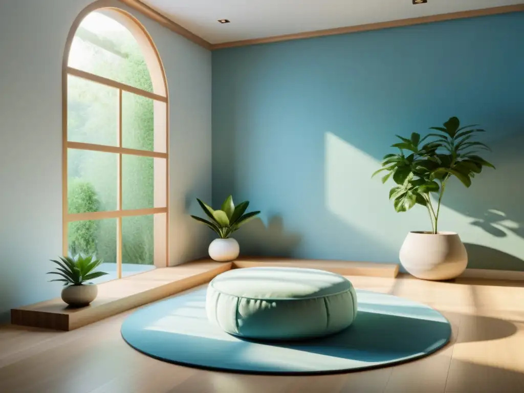 Una sala de meditación Feng Shui para armonía con diseño sereno y equilibrado, iluminada con luz natural y decorada con plantas y elementos zen