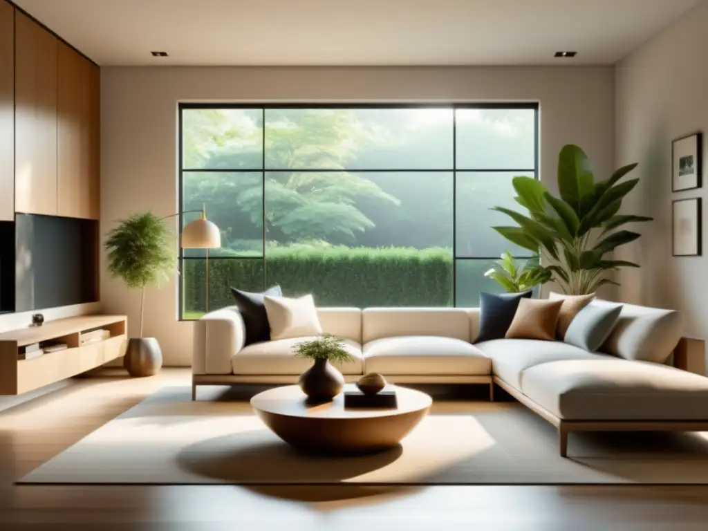 Transforma tu sala de estar con Feng Shui: un espacio minimalista con muebles y decoración armoniosa según los principios del Feng Shui, luz natural y tranquilidad