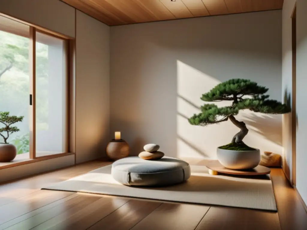 Sala de meditación Feng Shui para armonía: espacio sereno con cojín de meditación, bonsái y luz natural relajante