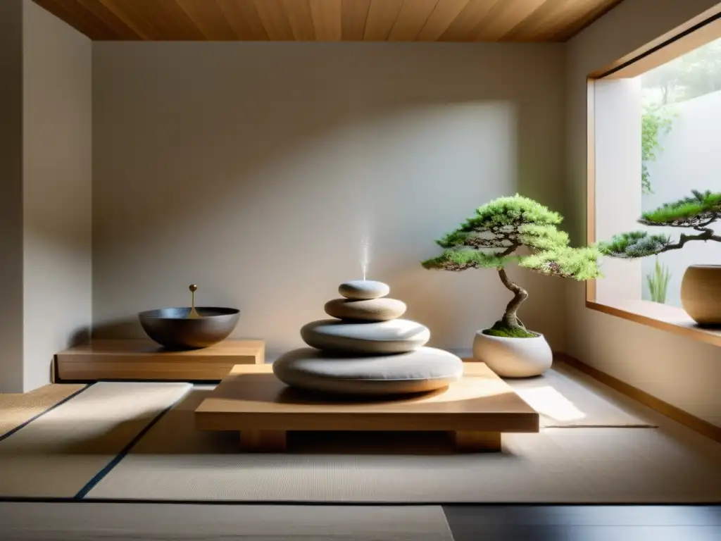 Sala de meditación Feng Shui para armonía: espacio sereno con iluminación natural, elementos minimalistas y atmósfera tranquila