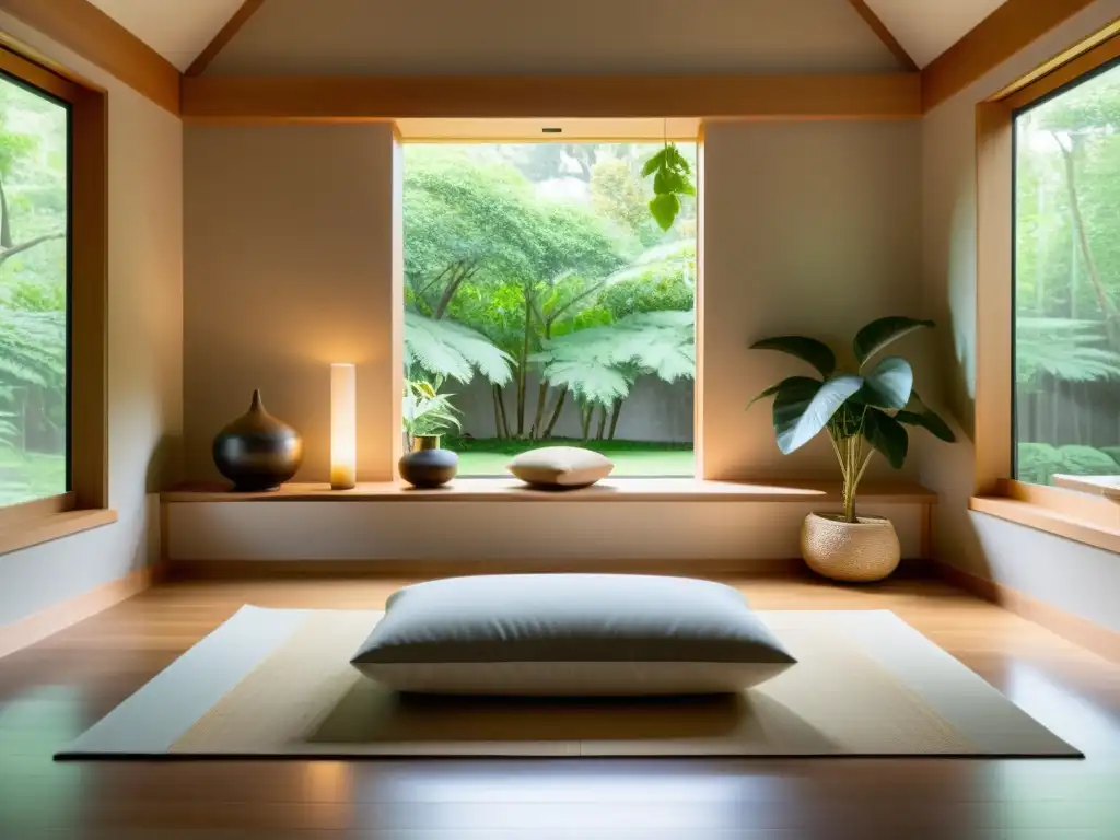 Sala de meditación Feng Shui para armonía: Espacio sereno con vista a jardín, tonos suaves y cojín de meditación en el centro