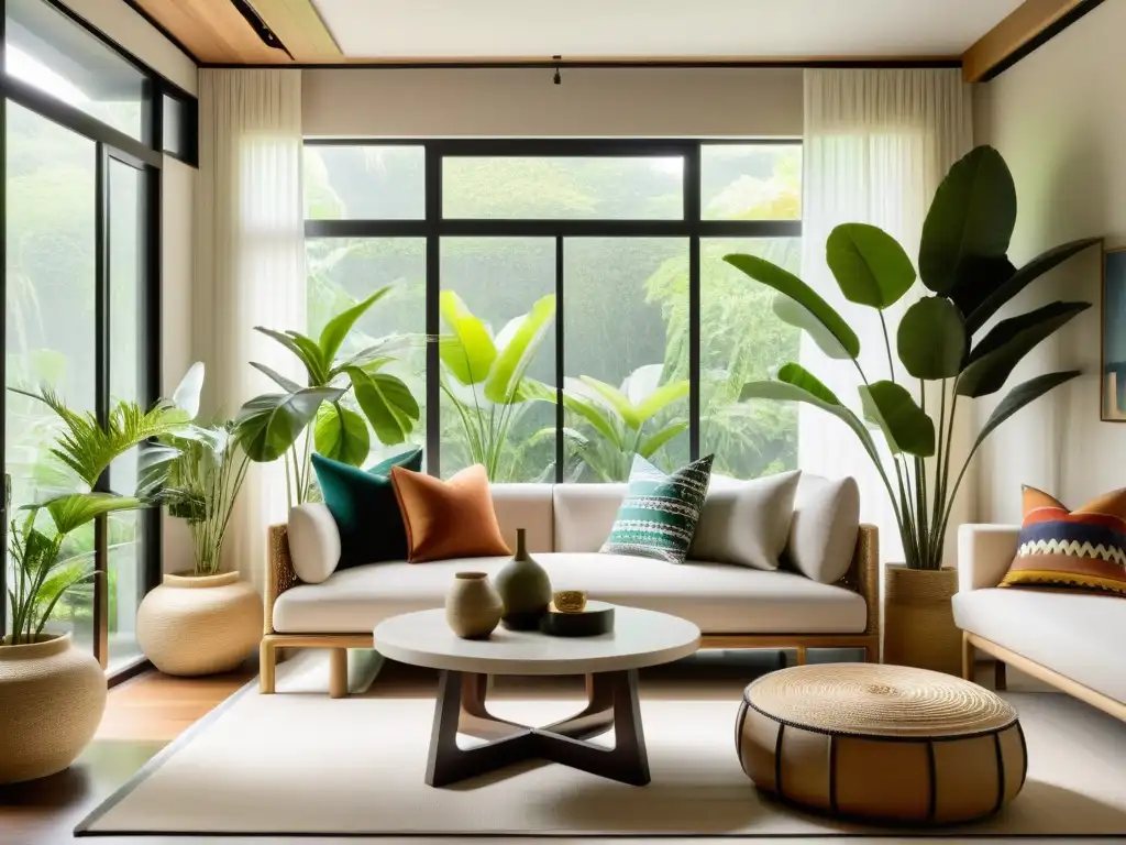 Una sala de estar inspirada en el feng shui con elementos decorativos multiculturales