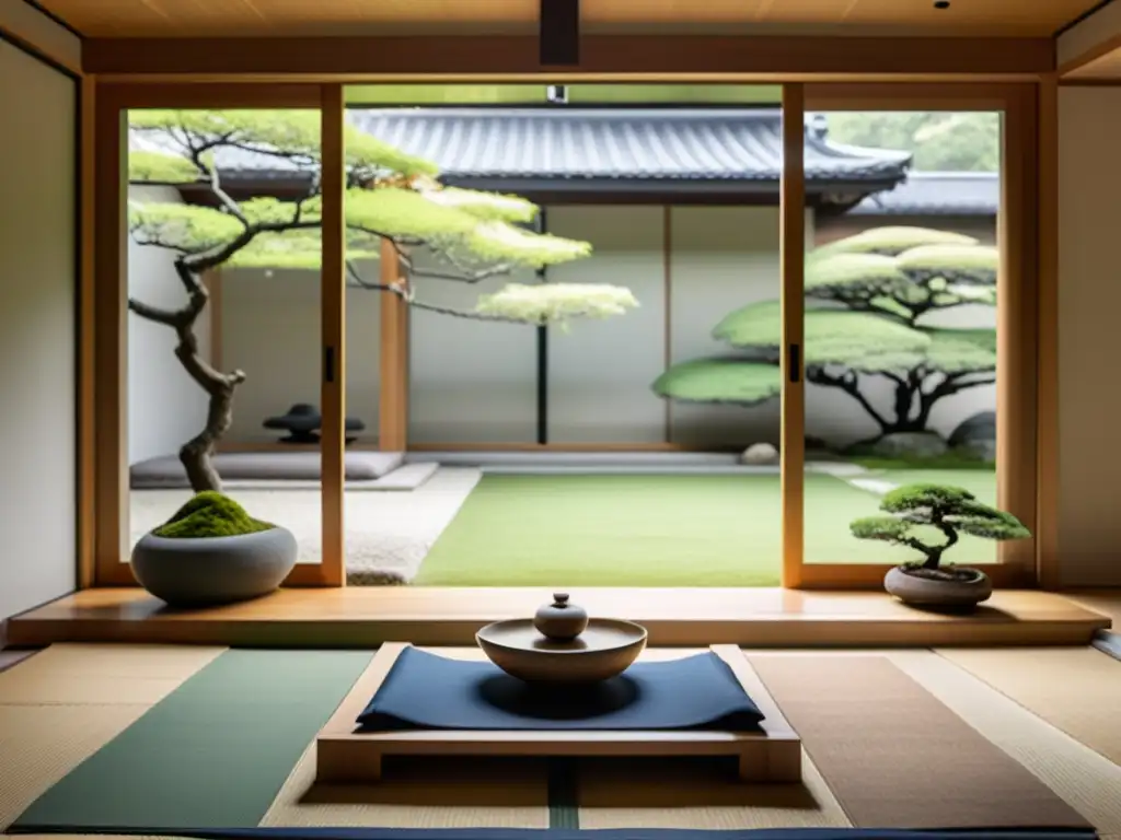 Sala de meditación Feng Shui para armonía con diseño japonés, tatamis, bonsái, y paz natural