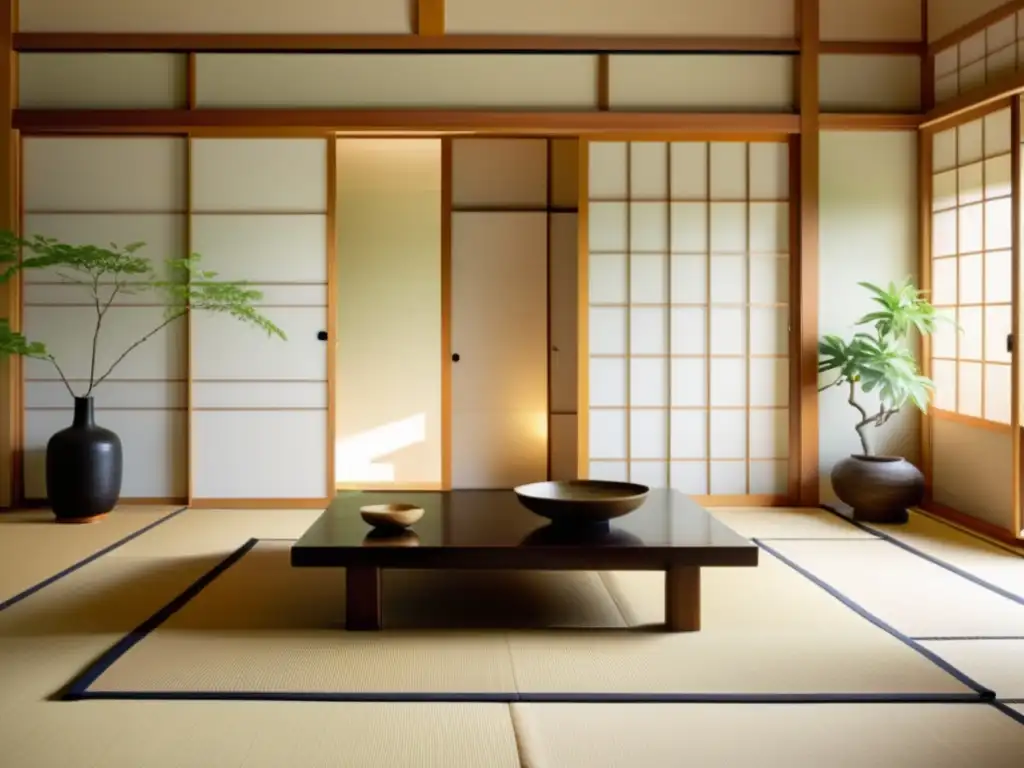 Una sala japonesa serena con puertas corredizas shoji, tatamis y una mesa baja de madera con una sencilla decoración de ikebana