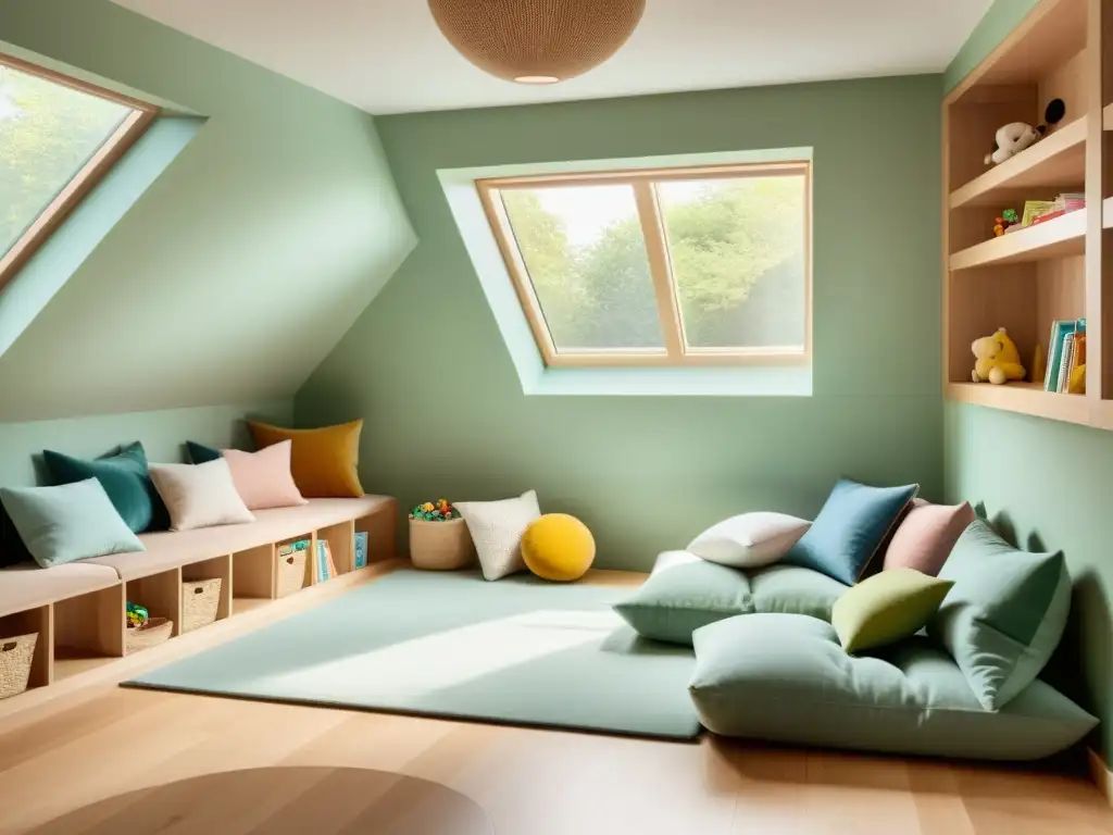 Una sala de juegos para niños con colores suaves y muebles de madera natural, fomentando la creatividad y el bienestar