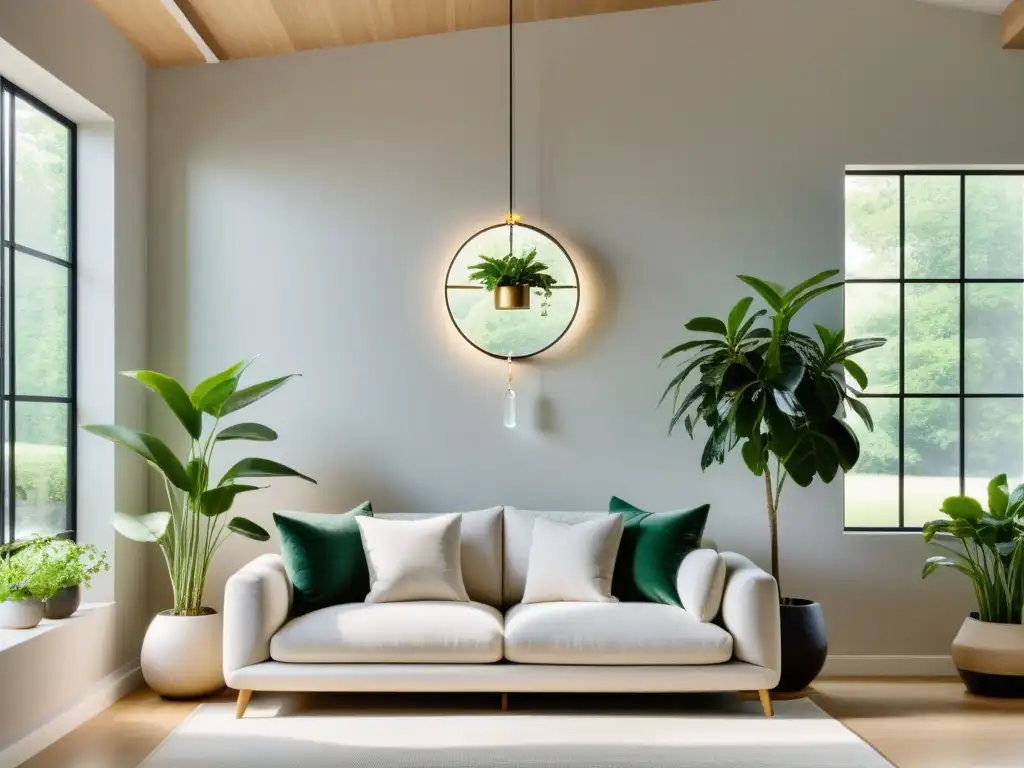 Una sala de estar minimalista con un amuleto de Feng Shui en cuarzo claro, rodeado de plantas verdes exuberantes para crear armonía y equilibrio