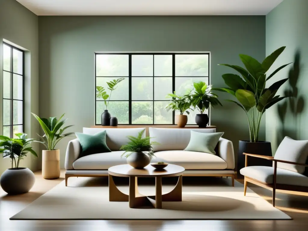 Una sala minimalista y armoniosa con plantas en equilibrio, respetando el Feng Shui