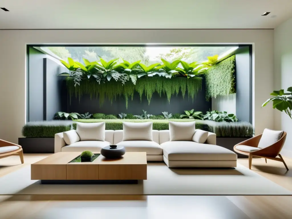 Sala de estar minimalista con arquitectura robótica y feng shui, fusión armoniosa de tecnología y naturaleza