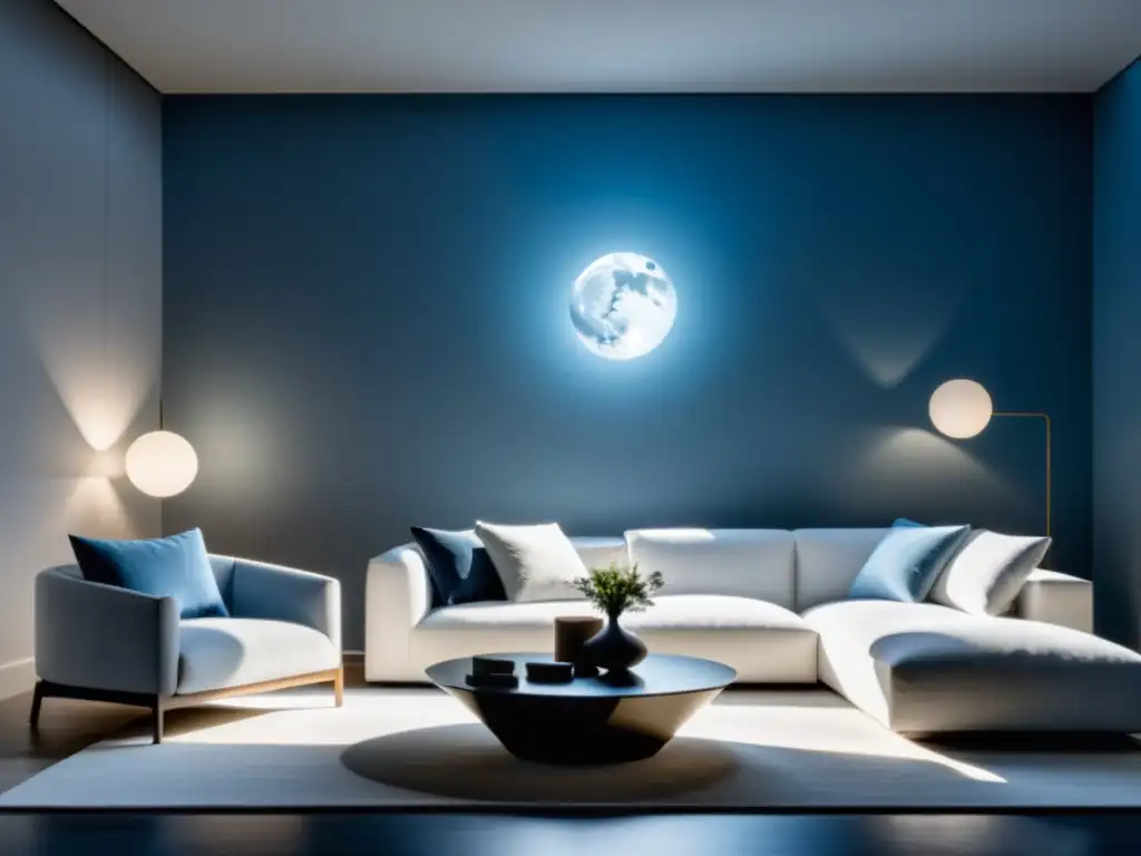 Una sala de estar minimalista bañada por la suave luz lunar, creando una atmósfera de calma y limpieza energética hogar Feng Shui lunar