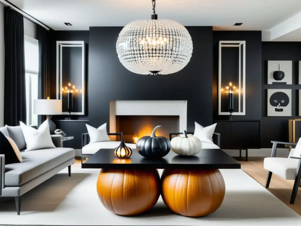 Decoración de Halloween con Feng Shui en una sala minimalista en blanco y negro con toques sofisticados y sutilmente festivos