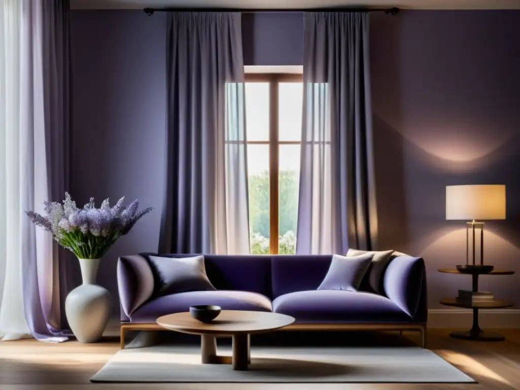 Una sala minimalista con cortinas de seda en tono lavanda, armoniosa y relajante