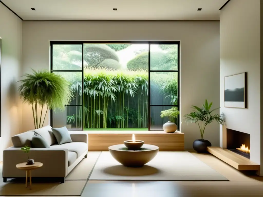 Una sala minimalista con elementos de Feng Shui, luz natural y serenidad, siguiendo principios básicos de arte y colocación Feng Shui