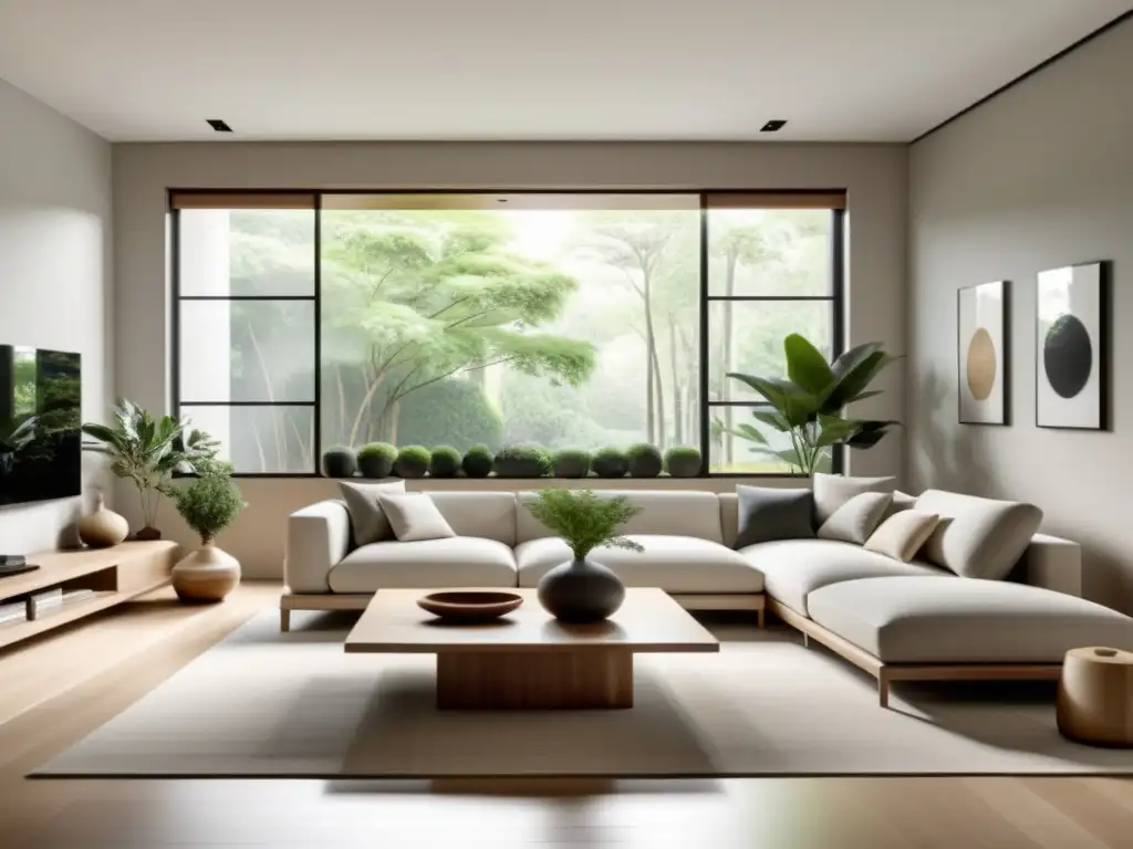 Transforma tu sala de estar con Feng Shui: Sala minimalista equilibrada con muebles y elementos naturales, armoniosa y acogedora