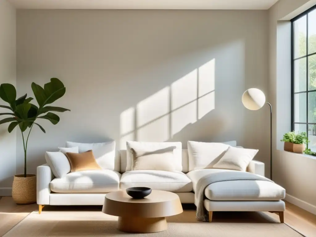 Una sala minimalista con diseño Feng Shui, equilibrada y serena, con toques cálidos y la palabra clave Claves diseño hogar minimalista Feng Shui