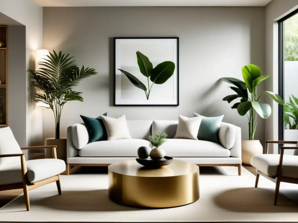 Diseño Feng Shui armonización hogar: Sala minimalista con equilibrio, luz suave y plantas para promover serenidad y equilibrio