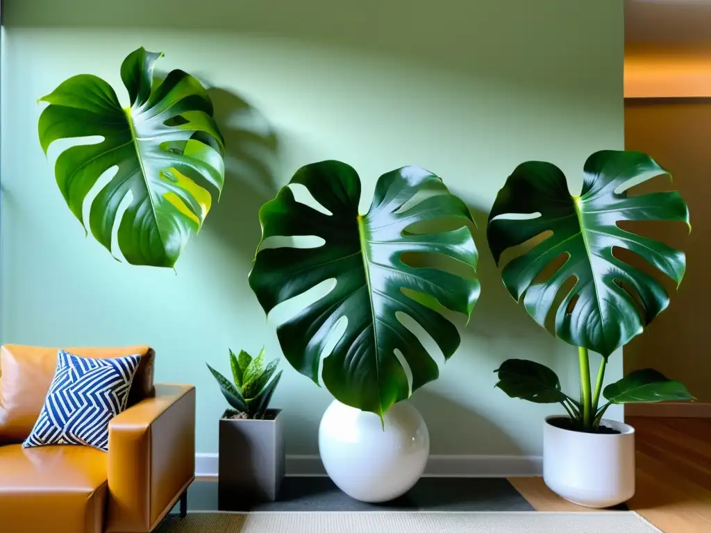 Una sala minimalista con una exuberante planta de monstera deliciosa para potenciar el Chi