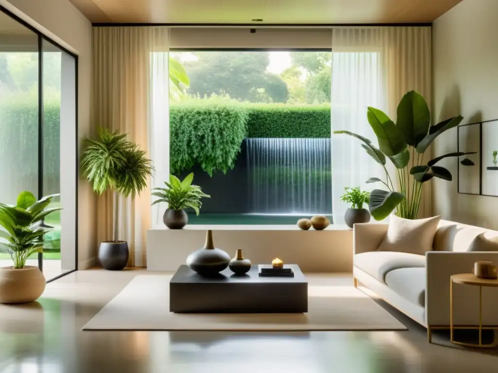 Sala minimalista con fuente de agua y plantas exuberantes, transmitiendo paz y equilibrio con Símbolos de Prosperidad Feng Shui