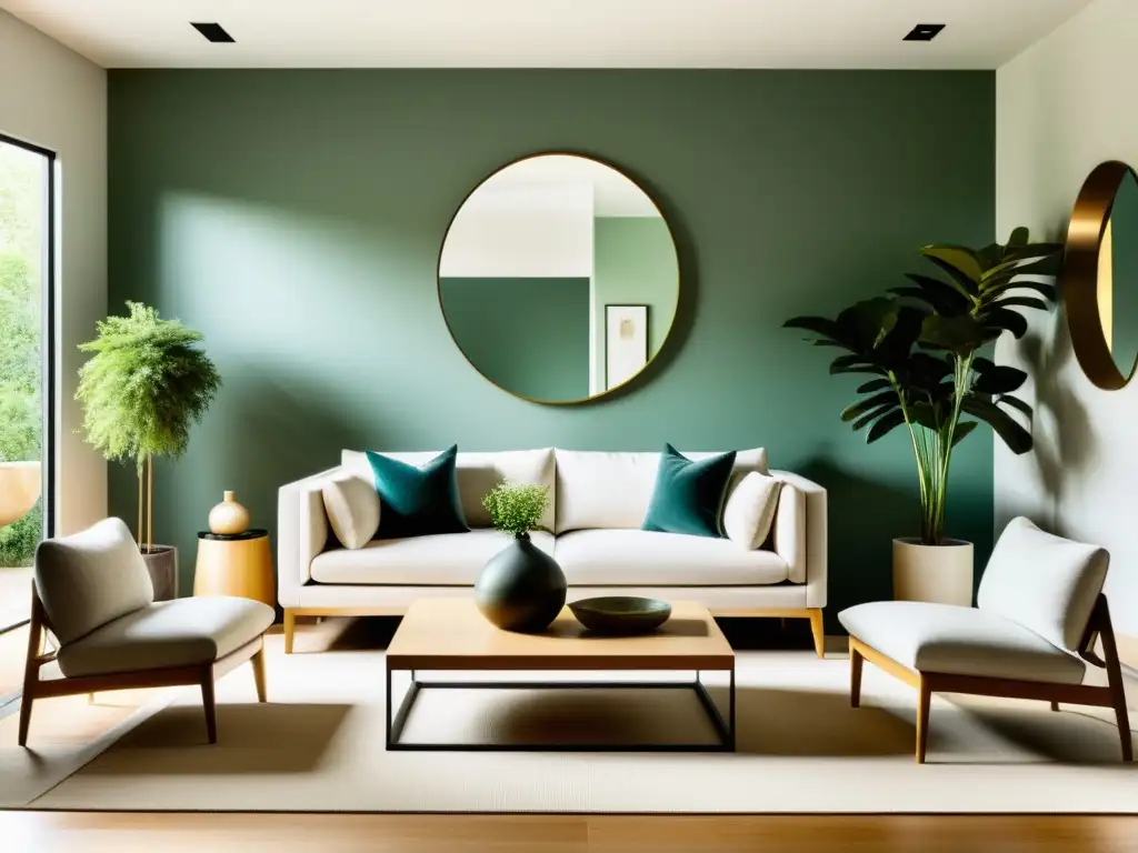 Diseño Feng Shui armonización hogar: Sala minimalista bien iluminada con elementos equilibrados y armoniosos, evocando calma y tranquilidad