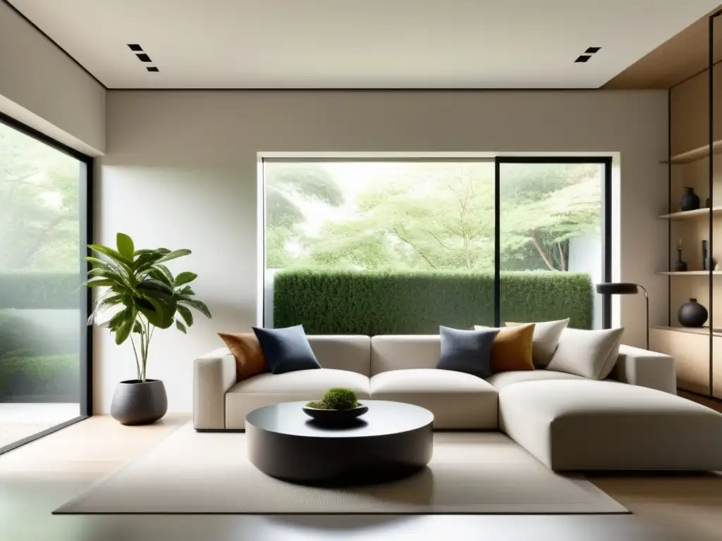 Decoración Feng Shui para el hogar: Sala de estar minimalista con líneas limpias y colores neutros, abundante luz natural y plantas en armonía