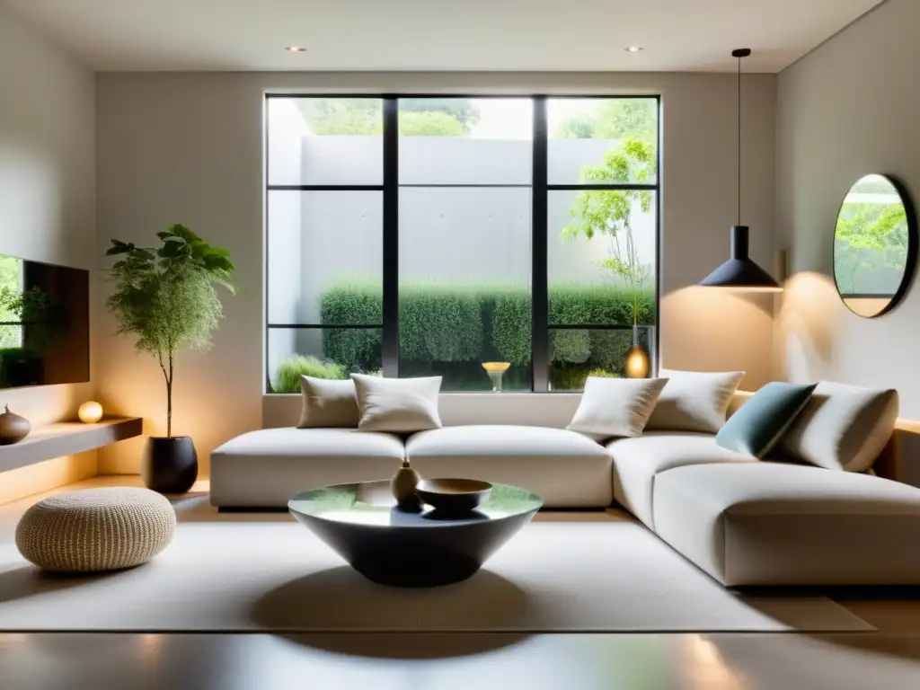 Transformación habitacional con Feng Shui: Sala de estar minimalista, luz natural, jardín interior y rincón de meditación sereno