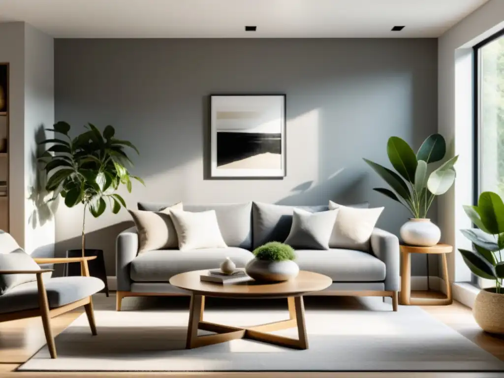 Sala minimalista con luz natural, muebles modernos y decoración Feng Shui