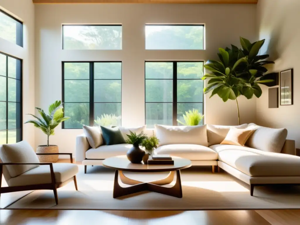 Una sala minimalista con luz natural, muebles armoniosos y decoración relajante, ideal para la limpieza energética feng shui hogar