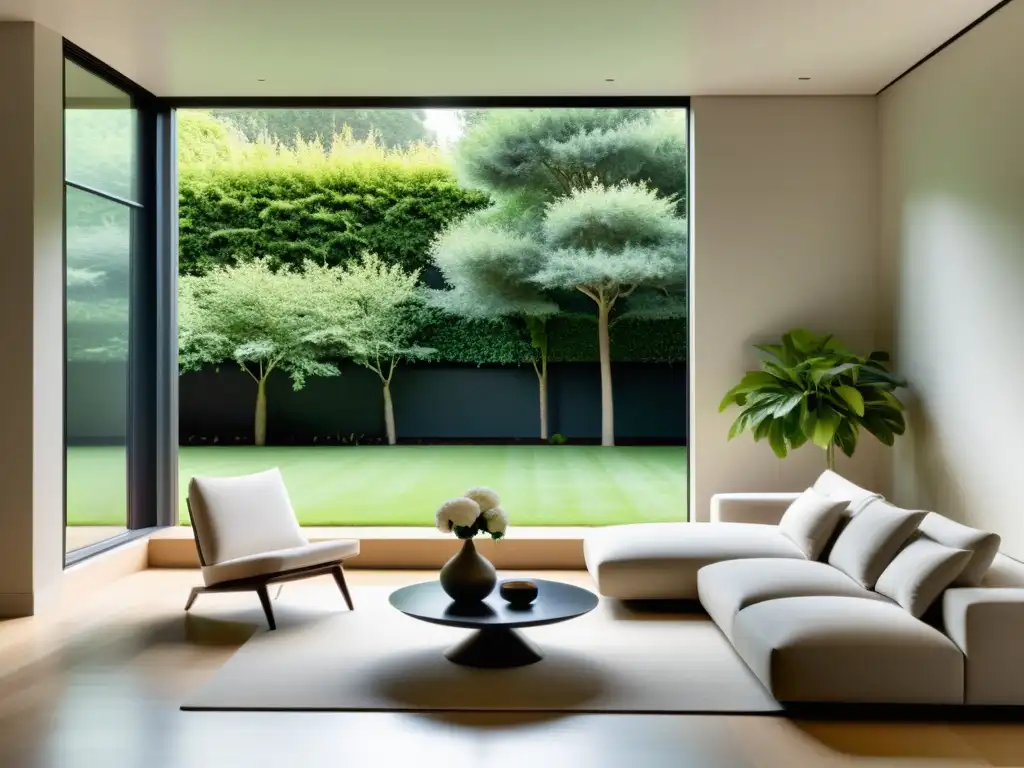 Una sala minimalista con luz natural y armonía, perfecta para practicar Feng Shui para momentos de cambio
