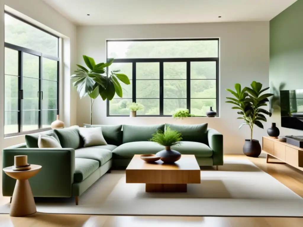 Decoración Feng Shui para el hogar: Sala minimalista con luz natural, muebles y decoración en armonía, transmitiendo serenidad y equilibrio