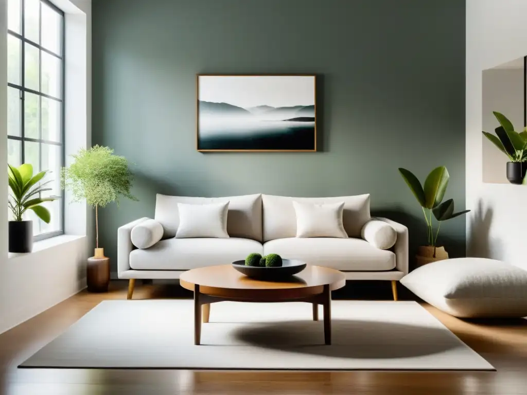 Una sala minimalista con muebles armoniosamente dispuestos según los principios del Feng Shui