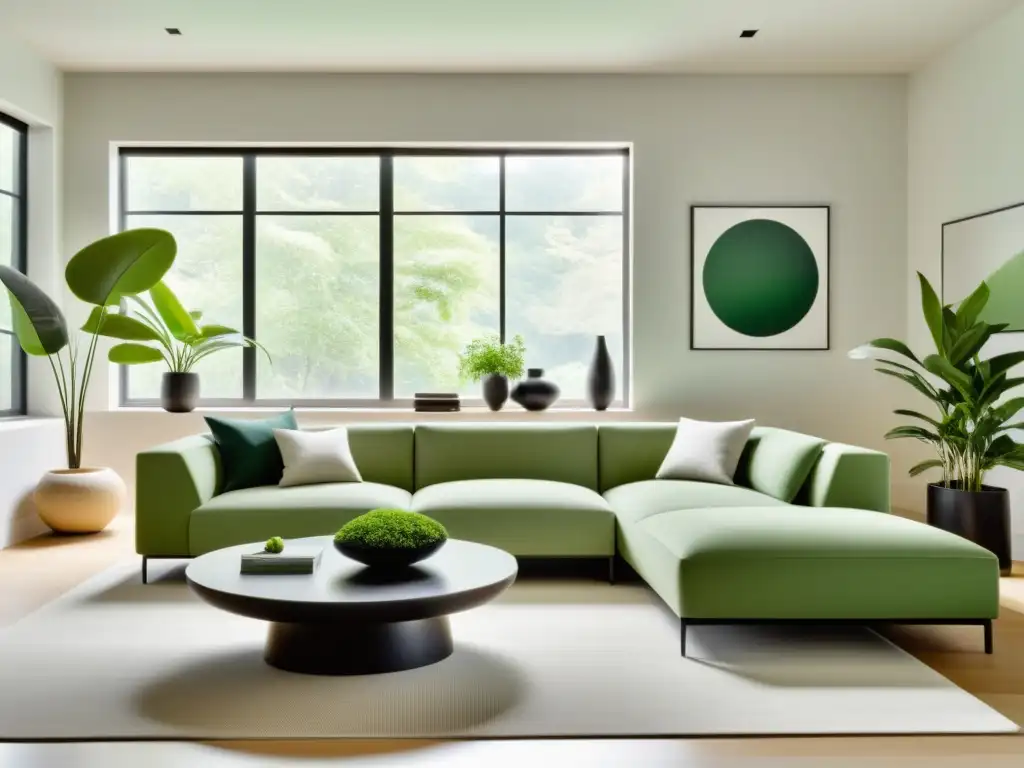 Una sala minimalista con muebles inteligentes para Feng Shui, equilibrio perfecto entre modernidad y armonía natural