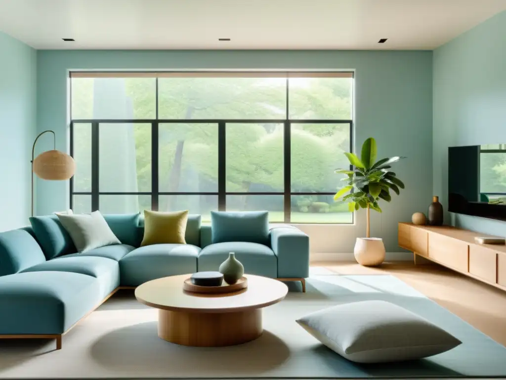 Armonización hogar: Sala minimalista con diseño Feng Shui, paleta suave de azules y verdes, muebles modernos y luz natural