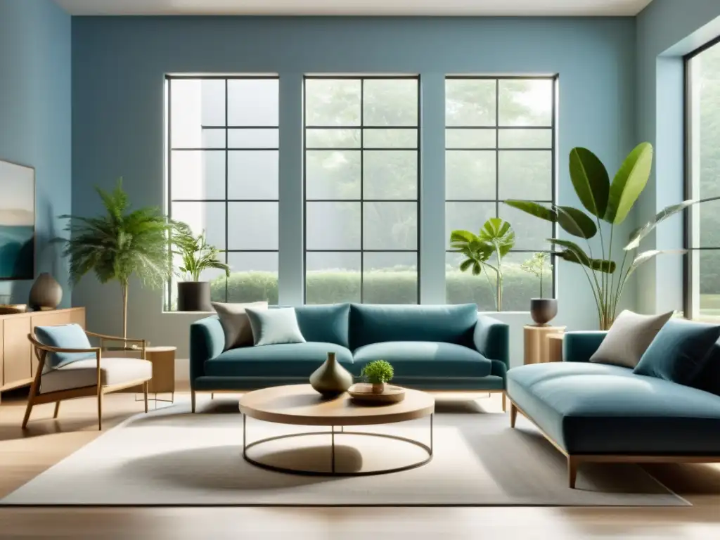 Una sala minimalista con paletas de colores Feng Shui: azules suaves, verdes y tonos neutros, muebles modernos y mucha luz natural