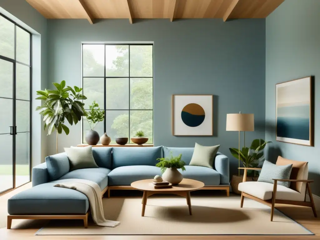 Una sala minimalista con paletas de colores Feng Shui, muebles sencillos y una atmósfera tranquila llena de luz natural