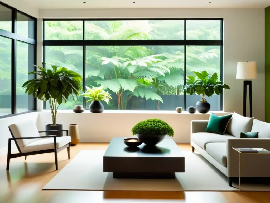 Una sala minimalista con plantas que aportan equilibrio y armonía al hogar según el Feng Shui